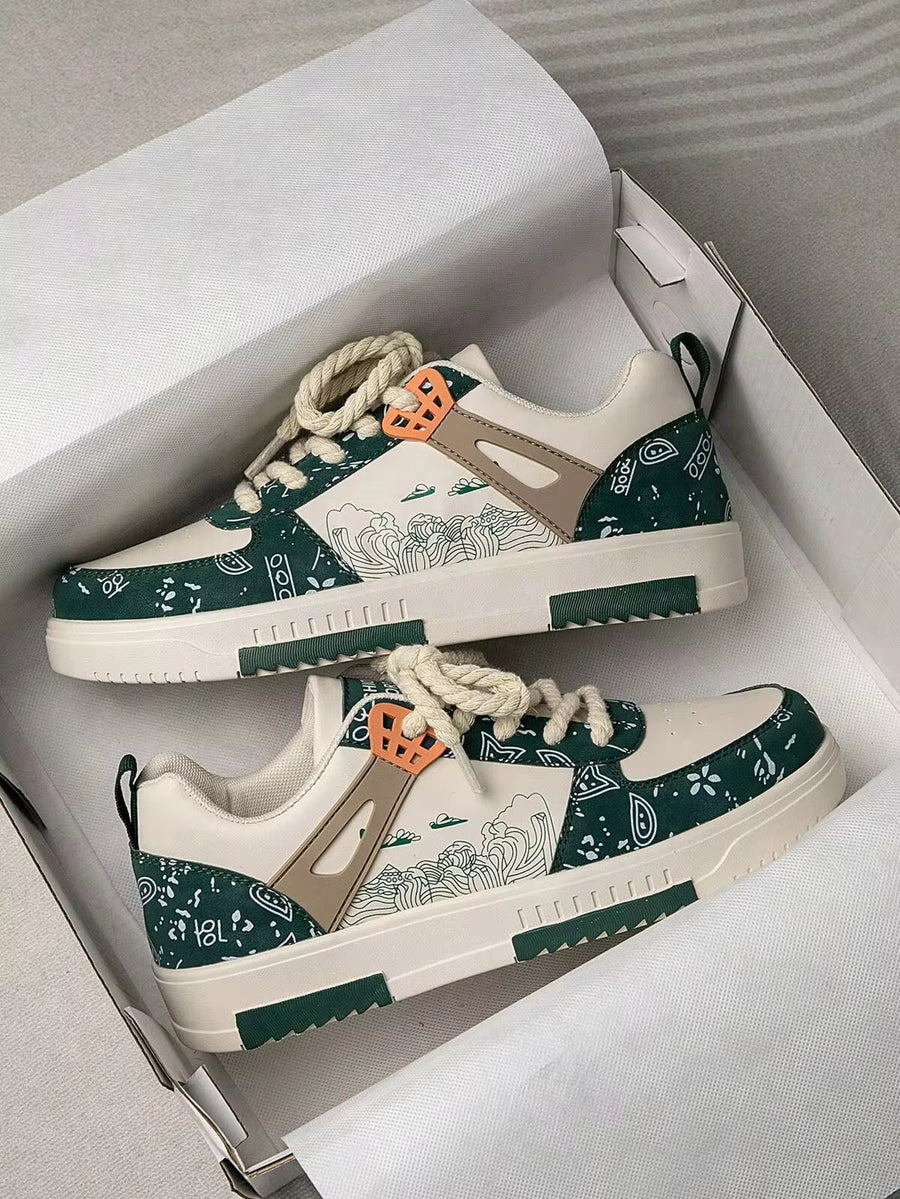 Men's Personalized Random Print Fashion Patchwork Low-Top Flat Skate Shoes, Teenagers Outdoor Multifunctional Thick Sole Lace-Up Casual Sports Sneakers