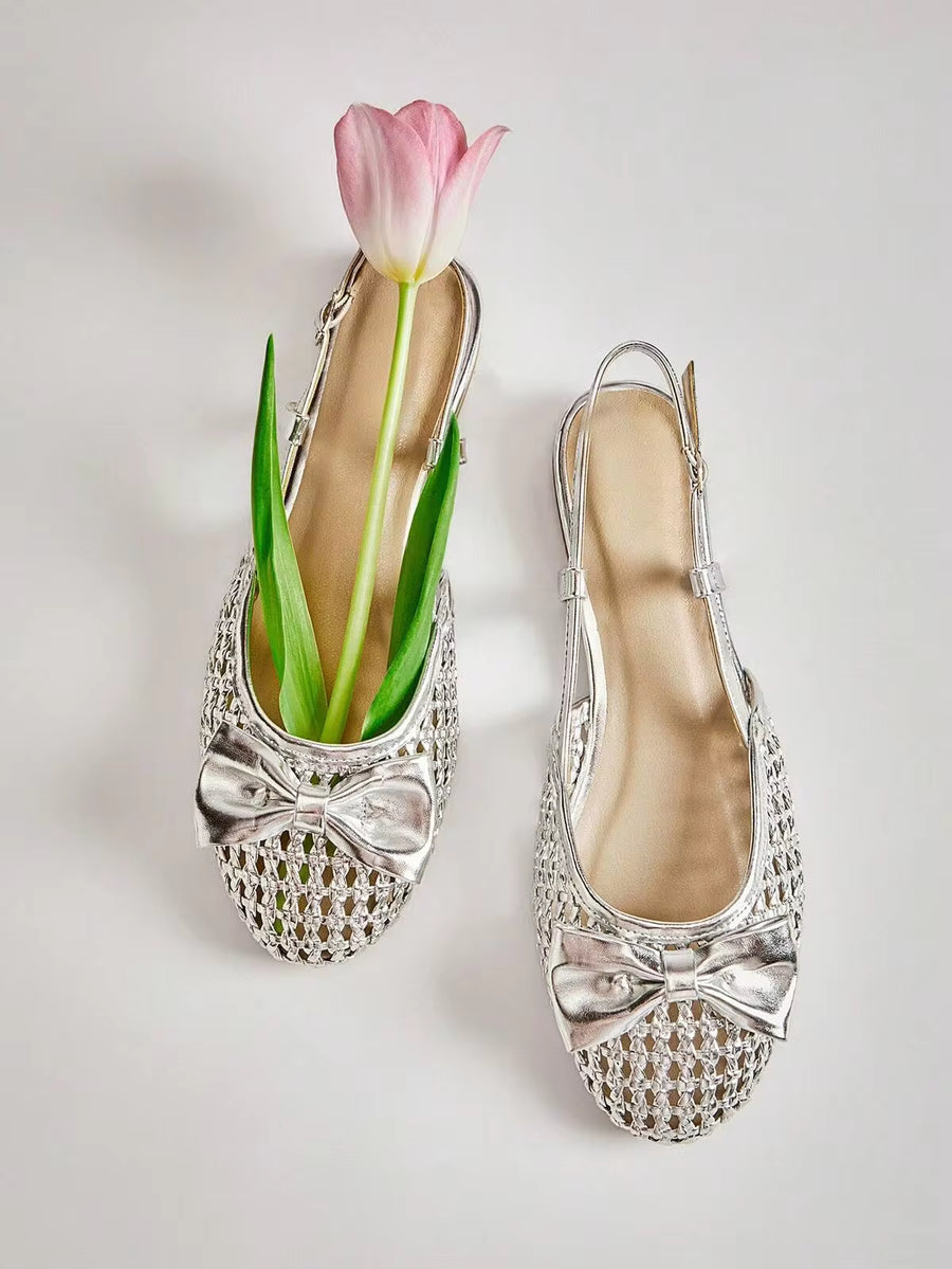 Solezae Women's Elegant Ribbon Decorated Woven PU Comfortable Sling-Back Flats